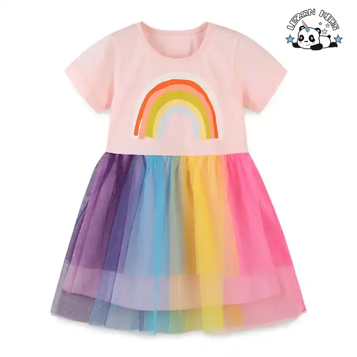 LEZONKIDS - Customizable High Quality OEM Girls Pink Sequin Dress Rainbow Mesh Baby Girls Summer Dress for 2 to 14T Children